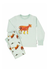 Raidallinen vaaleanvihreä pyjama-setti pitkillä hihoilla. Paita näyttää ruskean lehmägrafiikan; housuissa on lehmä- ja pilvimalleja. Pehmeä kangas.