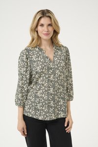 Florale Bluse in Schwarz mit cremefarbenen Blumen, V-Ausschnitt und 3/4-Ärmeln. Aus leichtem Stoff mit legerer Passform gefertigt.