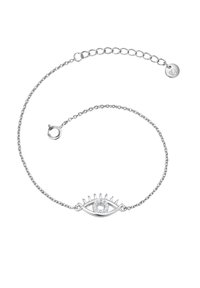 Pulsera de plata con motivo de ojo que cuenta con una piedra central, cadena delicada y cierre ajustable. Textura suave, diseño minimalista.