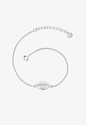 Pulsera de plata con motivo de ojo que cuenta con una piedra central, cadena delicada y cierre ajustable. Textura suave, diseño minimalista.