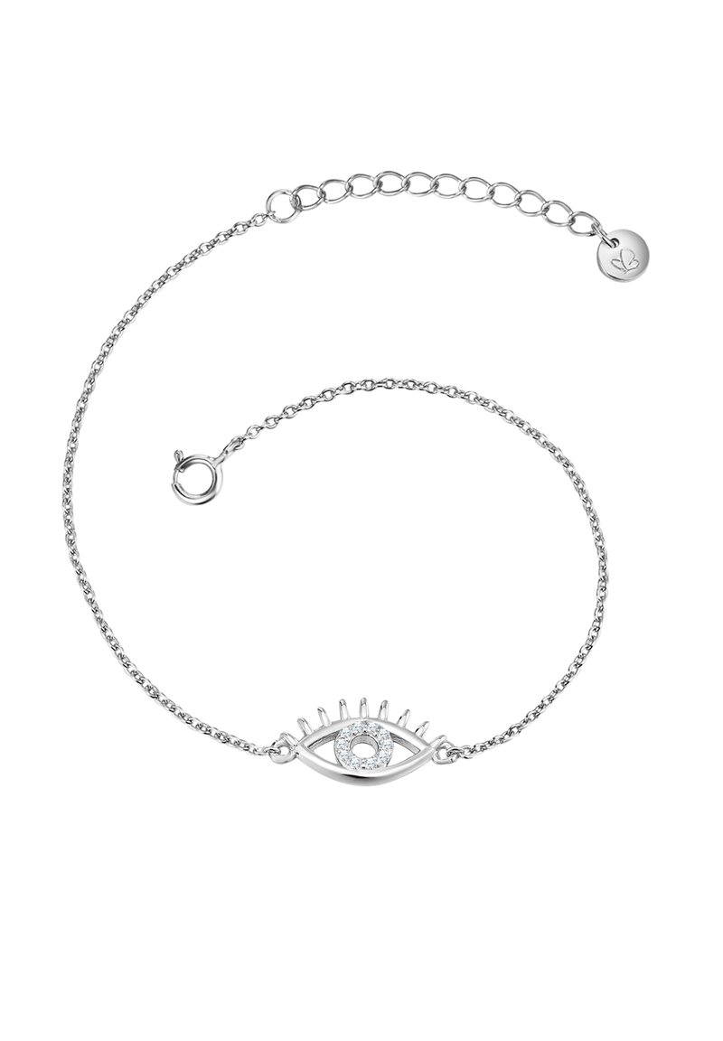 Pulsera de plata con motivo de ojo que cuenta con una piedra central, cadena delicada y cierre ajustable. Textura suave, diseño minimalista.