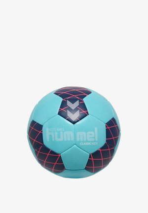 Hummel classic kids ball, rounded shape, turquoise with navy and pink grid pattern, featuring textured surface and logo in white.