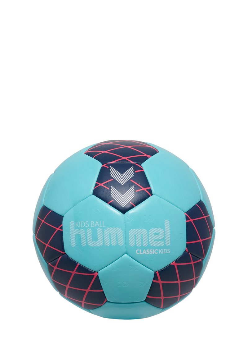 Hummel klassisk barnboll, rundad form, turkos med marinblå och rosa rutmönster, med texturerad yta och logotyp i vitt.
