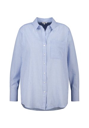 Blauw-wit gestreept overhemd met lange mouwen, verticale strepen, knoopsluiting, een borstzak aan de voorkant en een klassieke kraag, op een witte achtergrond.