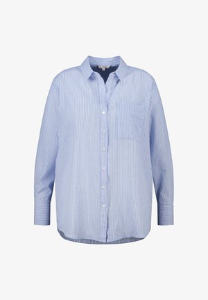 Blauw-wit gestreept overhemd met lange mouwen, verticale strepen, knoopsluiting, een borstzak aan de voorkant en een klassieke kraag, op een witte achtergrond.