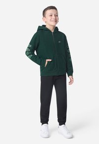 Fleece verde com fecho, feito de um tecido macio, apresentando bolsos laterais e desenhos coloridos de crocodilos nas mangas. Combinado com calças pretas e sapatilhas brancas.
