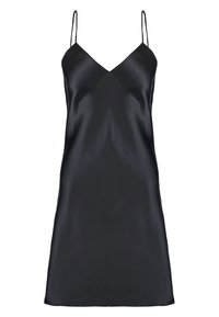Abito sottile in satin nero con spalline sottili regolabili, scollo a V e una vestibilità ampia. Il tessuto ha una trama liscia e lucida.
