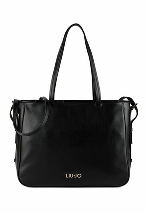 Borsa tote rettangolare in pelle nera con due lunghi spallacci e un piccolo logo dorato "LIU JO" al centro frontale.