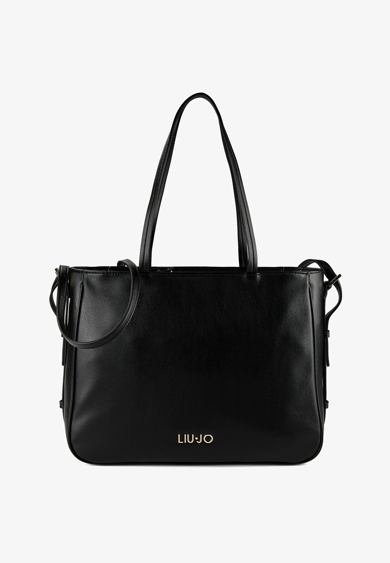 Borsa tote rettangolare in pelle nera con due lunghi spallacci e un piccolo logo dorato "LIU JO" al centro frontale.