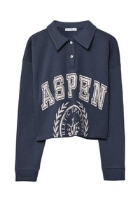 Tamno plavi skraćeni dukserica sa ovratnikom, s bijelim tekstom "ASPEN" i sportskim grbom s detaljima lovora. Mekana, teksturirana tkanina.