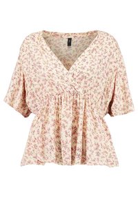 Paita naisille kukkaku violation pehmeän vaaleanpunaisena, lyhyt hiha, v-mallinen kaula-aukko ja joustava vyötärö löysää istuvuutta varten. Kevyt materiaali herkällä viimeistelyllä.