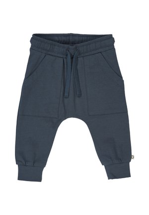 Dunkelblaue Kinder-Jogginghosen aus weichem Material, mit einem elastischen Bund, Kordelzug und zwei Seitentaschen.
