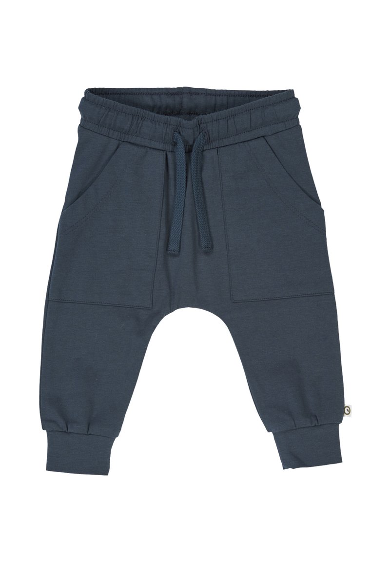 Tmavě modré dětské jogger kalhoty vyrobené z měkké látky, s elastickým pasem, stahovací šňůrkou a dvěma bočními kapsami.