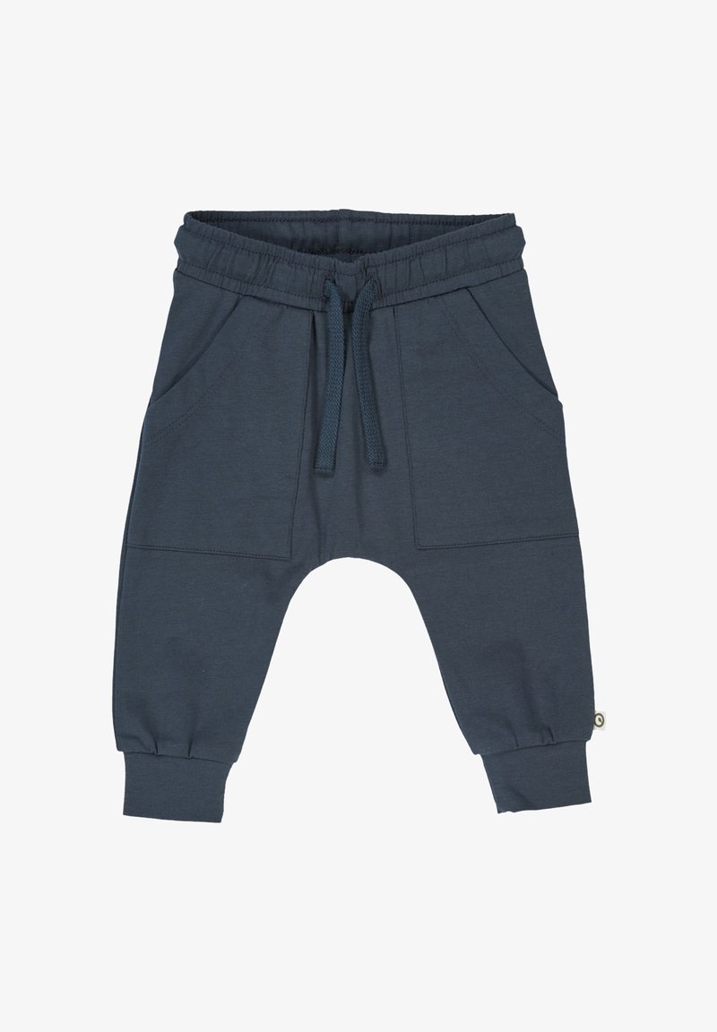 Dark blue children's jogger pants made of soft fabric, featuring an elastic waistband, drawstring, and two side pockets.