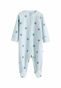 Lysblå babystrømpe i blødt stof, med mørkeblå stjernemønstre, lange ærmer, fuld lukning foran med trykknapper og foddesign.