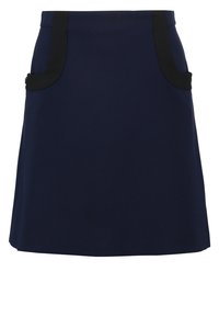 Jupe A-line bleu marine avec des poches noires accentuées. Fabriquée en tissu lisse avec un léger éclat, elle présente une taille ajustée et un ourlet évasé.