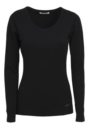 Zwarte lange mouw sweater met een ronde hals, geribbelde manchetten en zoom. Heeft een klein gouden logo accent aan de onderzijde rechts.