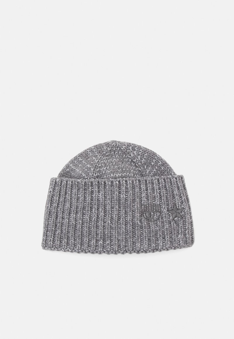 Gray knitted beanie with a ribbed texture. Features a small embroidered eye and star design on the front. Soft material, rounded top.