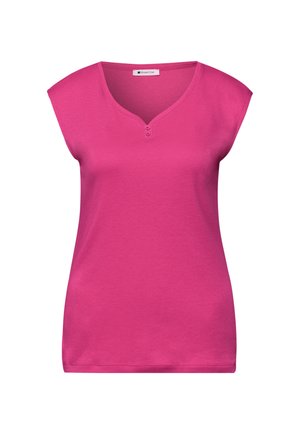 Top rosa brillante sin mangas para mujer con escote en V y dos pequeños botones debajo del cuello, hecho de tela suave.