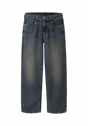 Jeans en denim d'une couleur bleu foncé délavé, dotés d'une coupe droite, de cinq poches et d'une fermeture à bouton à l'avant.