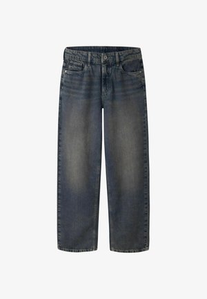Denim-farkut haalistuneessa tummansinisessä värissä, suoran lahkeen design, viisi taskua ja napitus edessä.