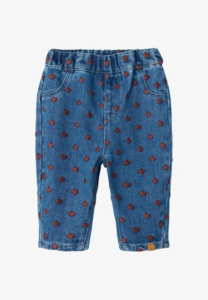 Pantaloni in denim blu per bambini piccoli con piccoli motivi a forma di cuore marrone, vita elastica, tasche frontali e orli risvoltati.