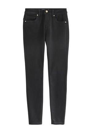 Schwarze Skinny-Jeans mit hoher Taille, vorne mit Knopf- und Reißverschluss, Gürtelschlaufen und fünf Taschen.