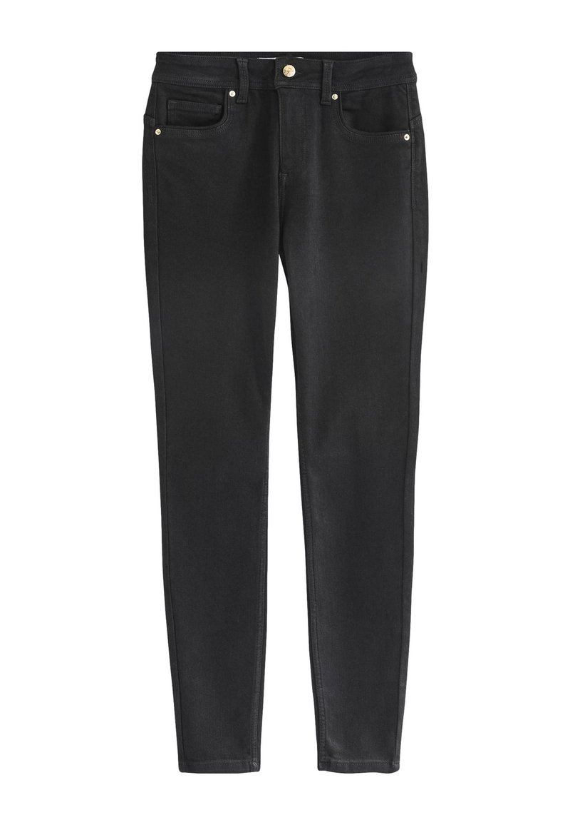 Jean skinny noir taille haute avec fermeture avant par bouton et zip, passants de ceinture et cinq poches.