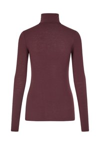 Burgunderfarget turtleneck-genser med lange ermer, laget av et mykt, glatt stoff. Har en tettsittende passform og minimalistisk design uten ekstra pynt.