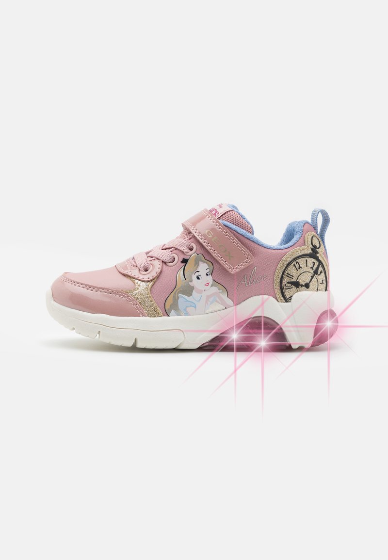 Pink children's sneaker with a shiny upper, glitter accents, and a princess graphic. Features a Velcro strap and textured rubber sole.