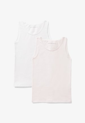 Due canottiere in cotone senza maniche, una bianca e una rosa chiaro, con scolli rotondi e testo con marchio all'interno dei colli.