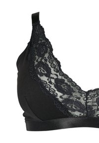 Black bra featuring a blend of smooth fabric and lace trim with floral patterns. Adjustable straps and a satin band enhance its design.