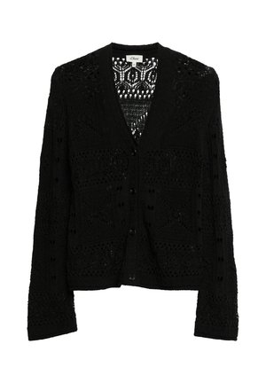 Cardigan noir en maille crochet avec boutonnage devant, manches longues, et motifs géométriques en dentelle, taille 36, de la marque s.Oliver.