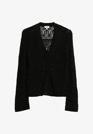 Schwarze gehäkelte Strickjacke mit Knopfleiste vorne, langen Ärmeln und geometrischen Spitzenmustern, Größe 36, von der Marke s.Oliver.