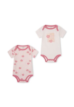 Dos bodis para bebé con ribete rosa, uno con estampados dispersos de melocotón, el otro con dos melocotones y texto claro en el pecho.
