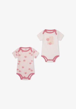 Dos bodis para bebé con ribete rosa, uno con estampados dispersos de melocotón, el otro con dos melocotones y texto claro en el pecho.