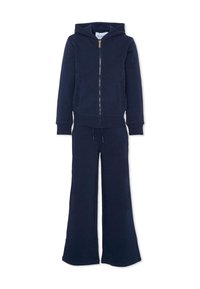 Marineblauwe hoodie met frontale rits en bijpassende wijde broek, voorzien van zakken en een taille met trekkoord, weergegeven op een witte achtergrond.
