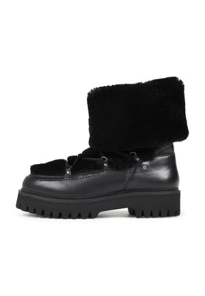 Black leather boots with a fluffy, fabric cuff, rounded toe, and thick, rugged sole. Features a lace-up front with metallic accents.
