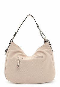 Sac à bandoulière en cuir beige perforé avec une forme courbe, une sangle ajustable et un clip en argent. Il dispose d'une poche zippée à l'avant.