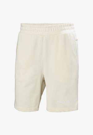 Pantalones cortos color crema con cintura elástica, hechos de tela suave. Presenta bolsillos laterales y la marca blanca "HELLY HANSEN" en el dobladillo.