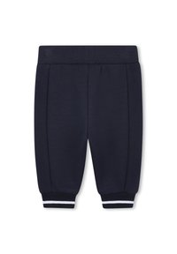Donkerblauwe joggers met geribbelde tailleband en manchetten, met zijtextuurdetails en witte strepen aan de zoom. Zachte stofafwerking.