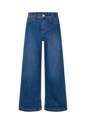 Modré džínové kalhoty širokých nohavic s vysokým pasem, předním knoflíkem, zapínáním na zip a dvěma předními kapsami na bílém pozadí.