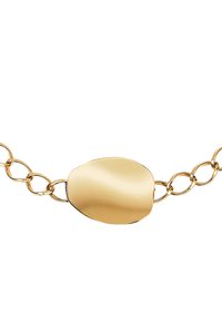 Pulsera de cadena de oro con una placa central ovalada, lisa y pulida, y eslabones ovalados entrelazados a cada lado.
