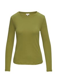 Langsleeve top in olijfgroen, gemaakt van gladde stof met een ronde halslijn en een getailleerde silhouette. Eenvoudig, veelzijdig ontwerp zonder patronen.