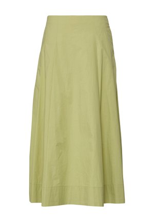 Hellgrüner High-Waist A-Linien Midi-Rock mit dezenten Falten und einem breiten Saum, auf weißem Hintergrund dargestellt.