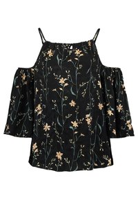 Blouse noire avec un motif floral crème et bleu clair. Caractéristiques : design épaules dénudées et manches évasées. Tissu doux, coupe décontractée.