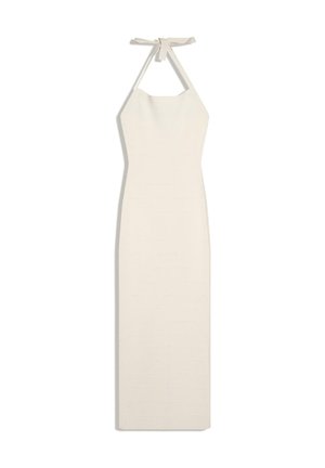 Long, fitted, sleeveless off-white dress with halter neck tied in a bow at the back.