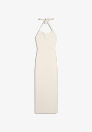 Long, fitted, sleeveless off-white dress with halter neck tied in a bow at the back.