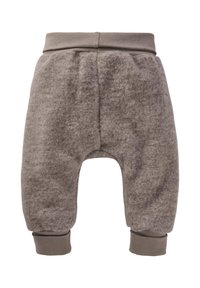 Graue Fleece-Harem-Hosen mit einem breiten Bund und gerippten Bündchen. Sie haben eine lässige Passform und eine weiche Textur für hohen Tragekomfort.
