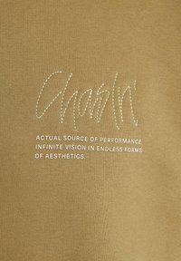 Tissu beige avec le mot "Chaslin'" cousu et le texte imprimé "Source réelle de performance, vision infinie en formes esthétiques sans fin."